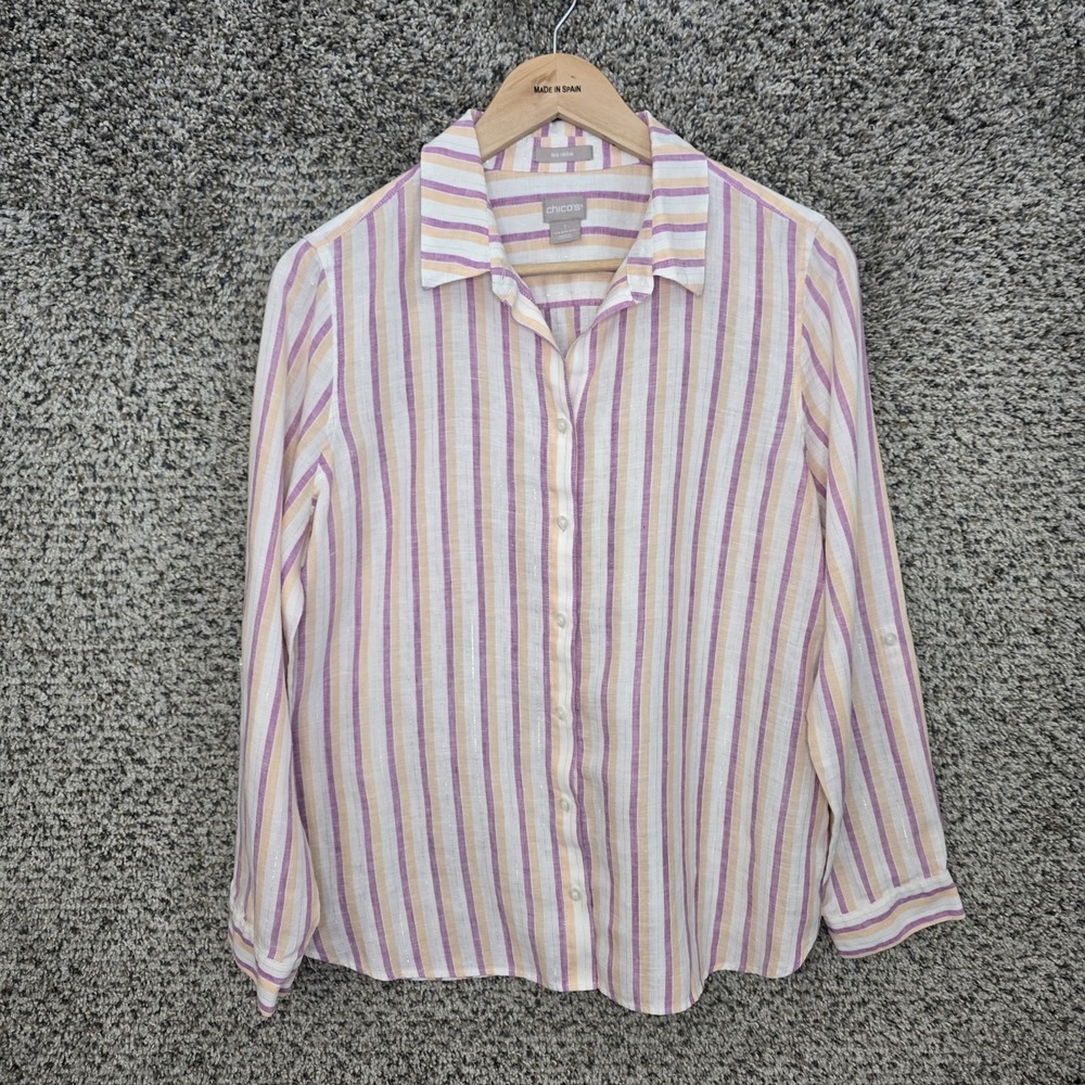 Chicos Top Womens 1 US Medium Purple Striped Button Up‎ Linen No Iron Ladies